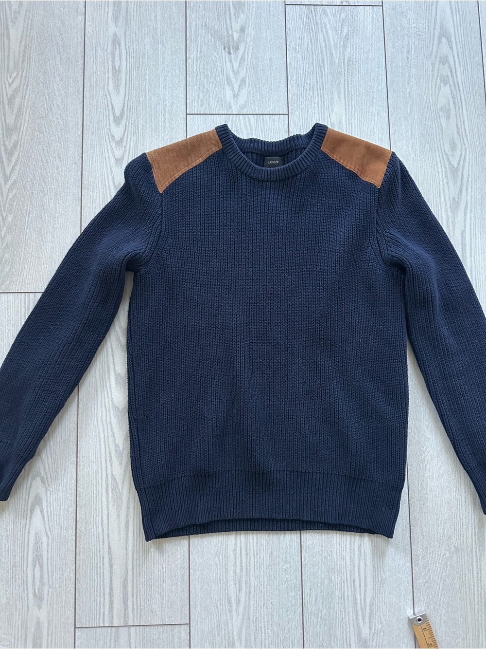 J. Crew Navy Crewneck Sweater with Brown Shoulder Patches
